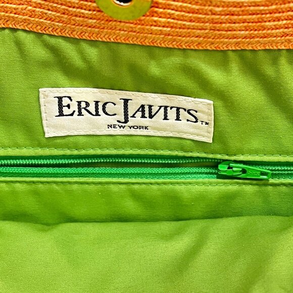 Eric Javits New York Orange Raffia Straw Tote Bag With Green Lining - Picture 7 of 10